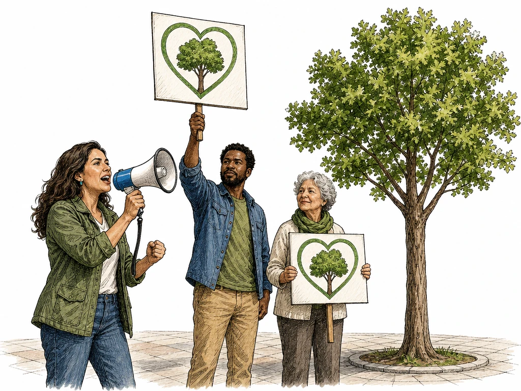 In a public plaza, three environmental advocates rally to protect trees. One speaks into a megaphone while the other two raise placards showing a green tree inside a heart, without words. A single leafy tree stands beside them. Use bold silhouettes and a plain background so the public show of support reads clearly at 340×255.