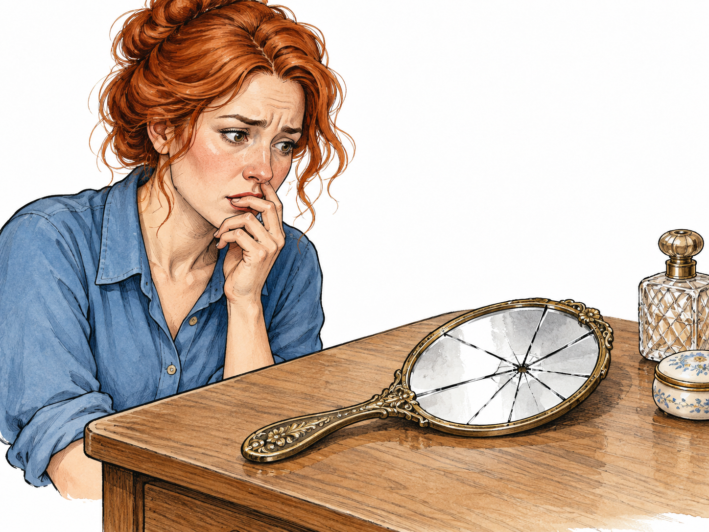 Woman regards cracked mirror as an ominous sign, without depicting superstition as fact.