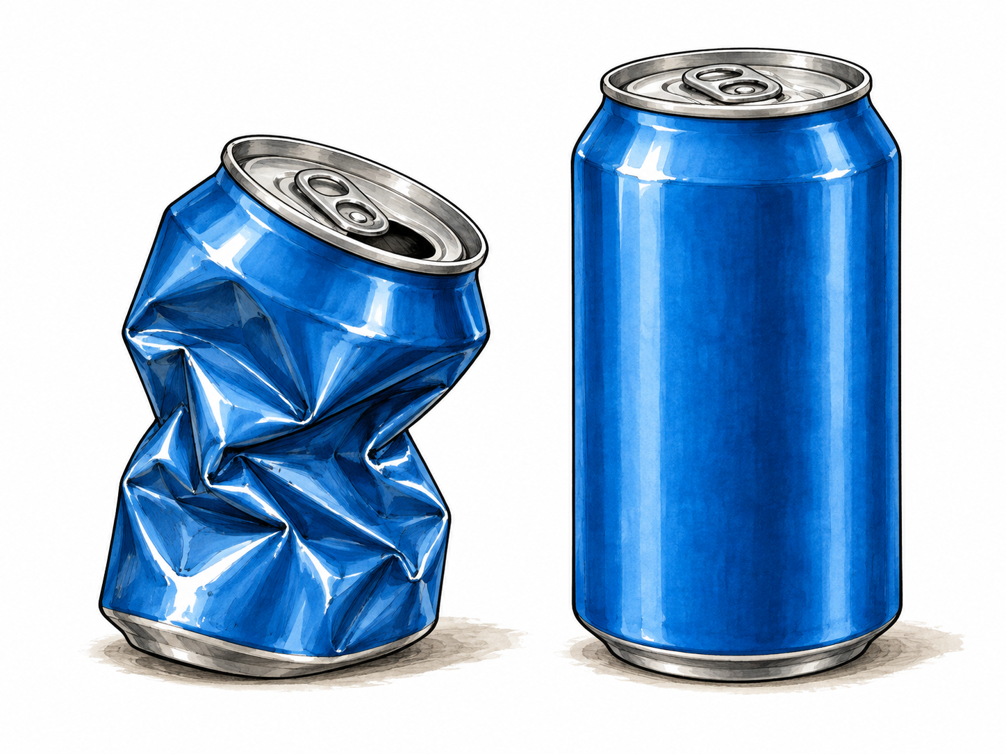 Deformation: close still life of a crushed metal drinks can with deeply buckled sides beside an intact identical plain blue cylindrical can.