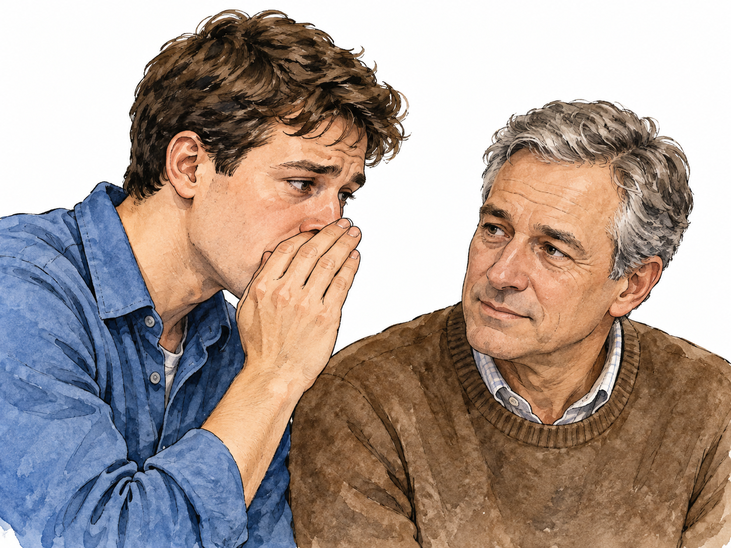 Man quietly shares a private matter with an older trusted friend.