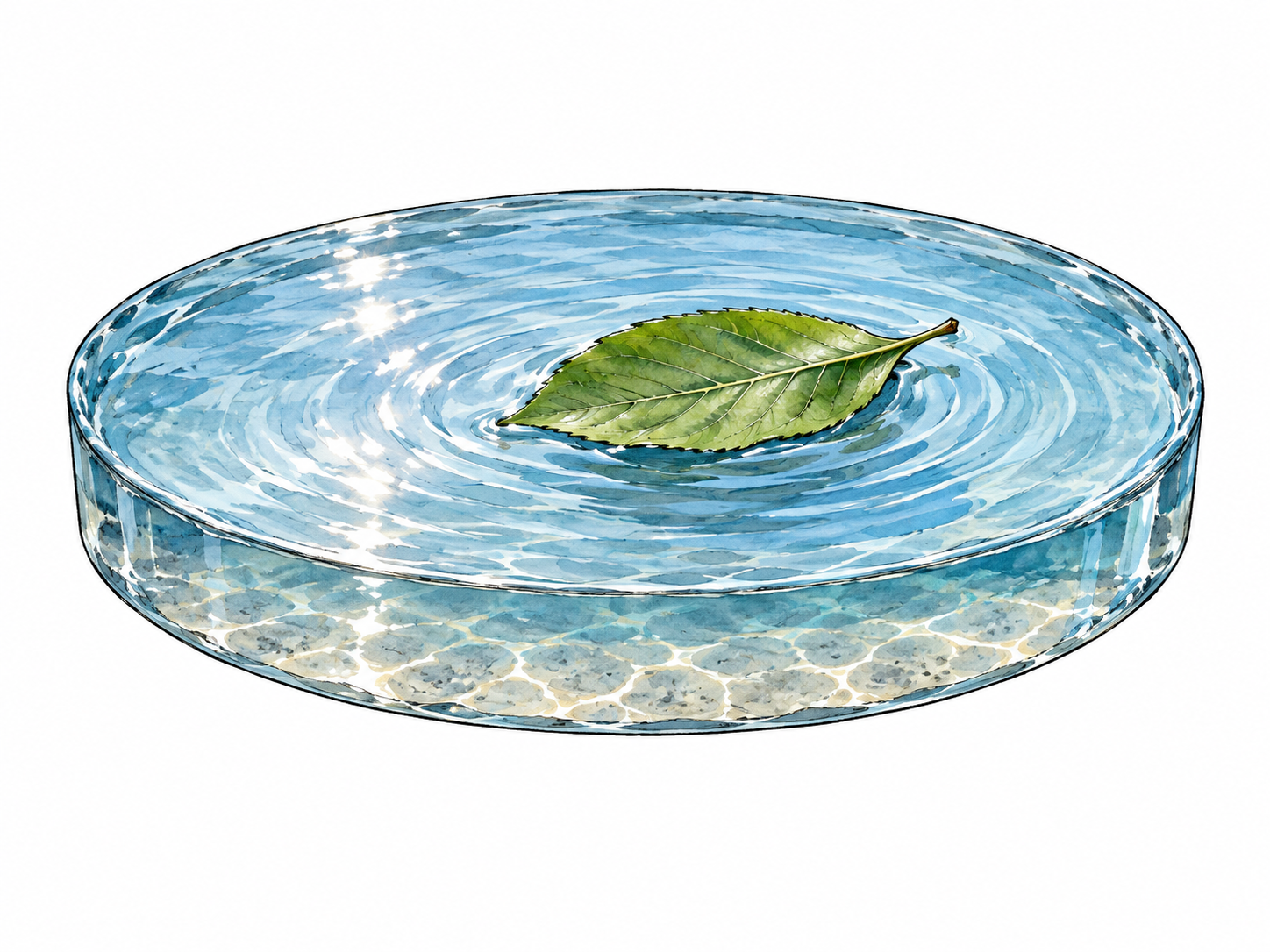 Leaf floating on water upper boundary above visible depth.