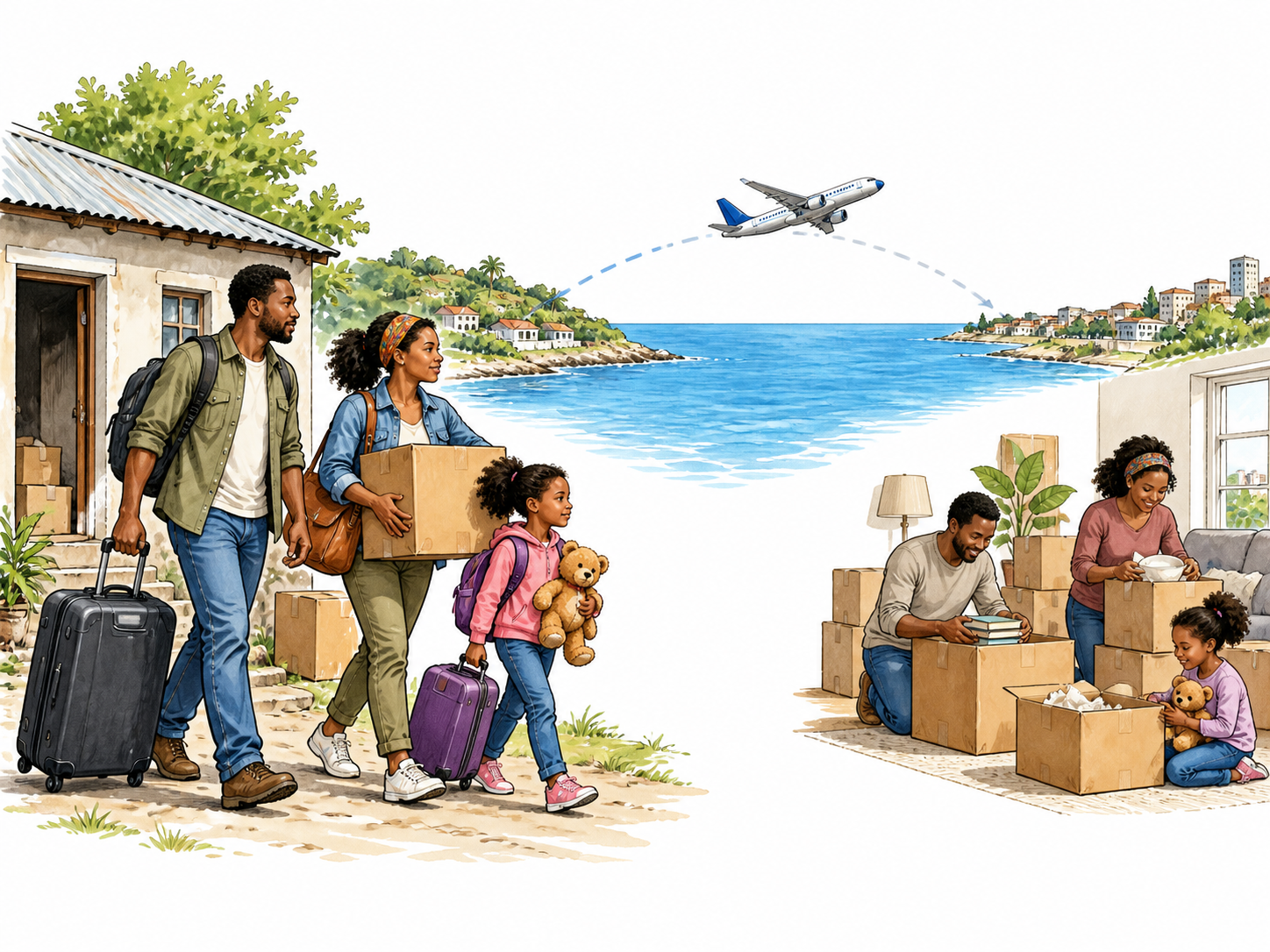 Household departs home and settles across sea, showing international relocation.