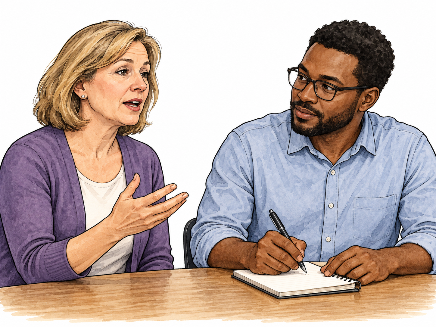 Dictate, to state words aloud for another to write: close scene of a middle-aged white woman speaking deliberately while a Black male colleague listens attentively and writes in a notebook; no legible writing.