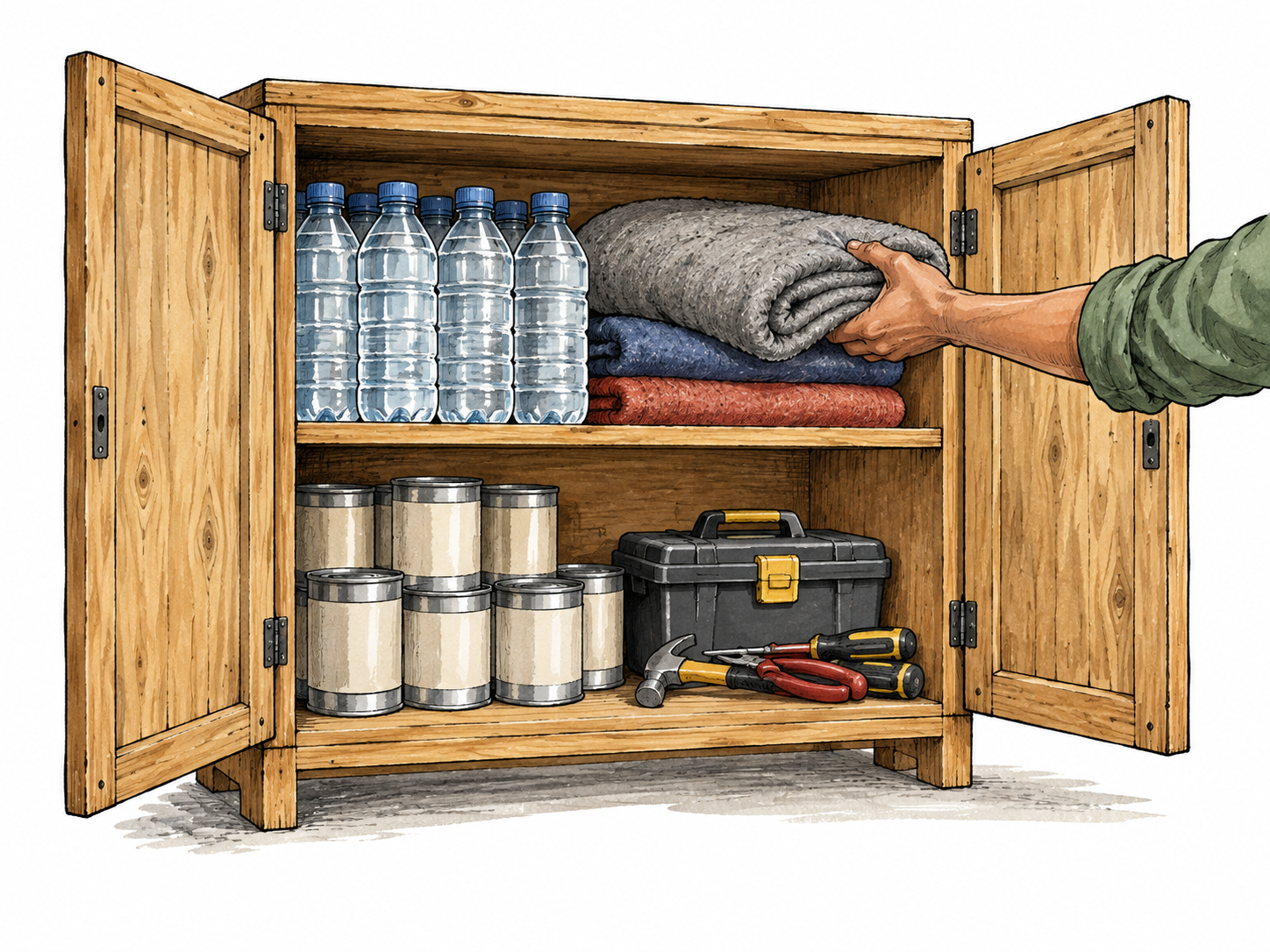 Open cupboard of useful supplies with hand taking blanket.