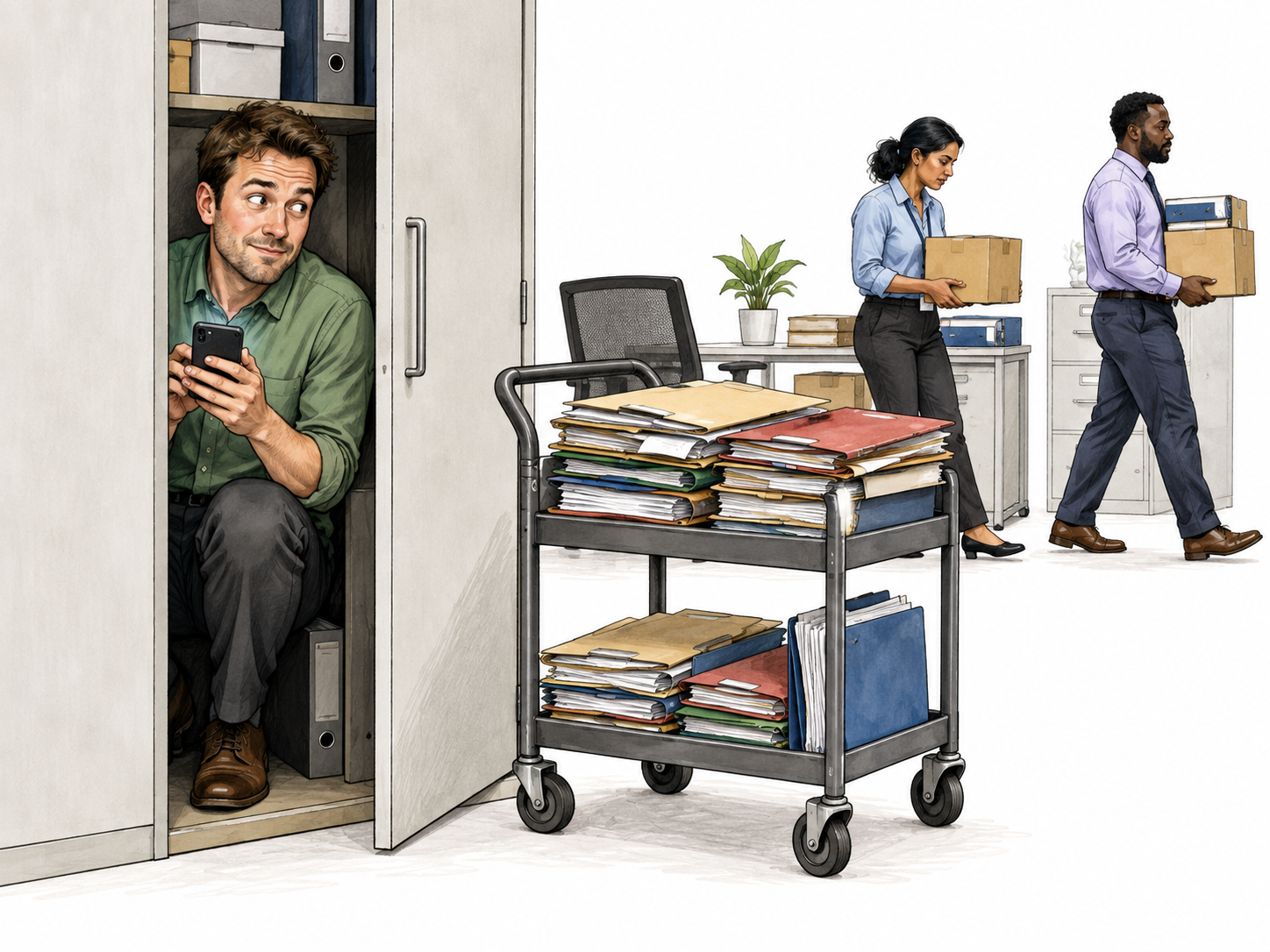 Worker hides phone leisure while colleagues work and his filing waits.