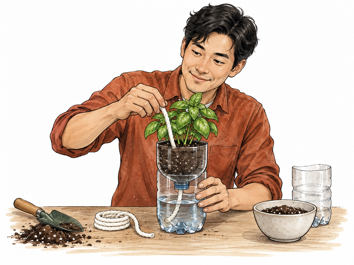 Creative recycled-bottle wick planter solution.