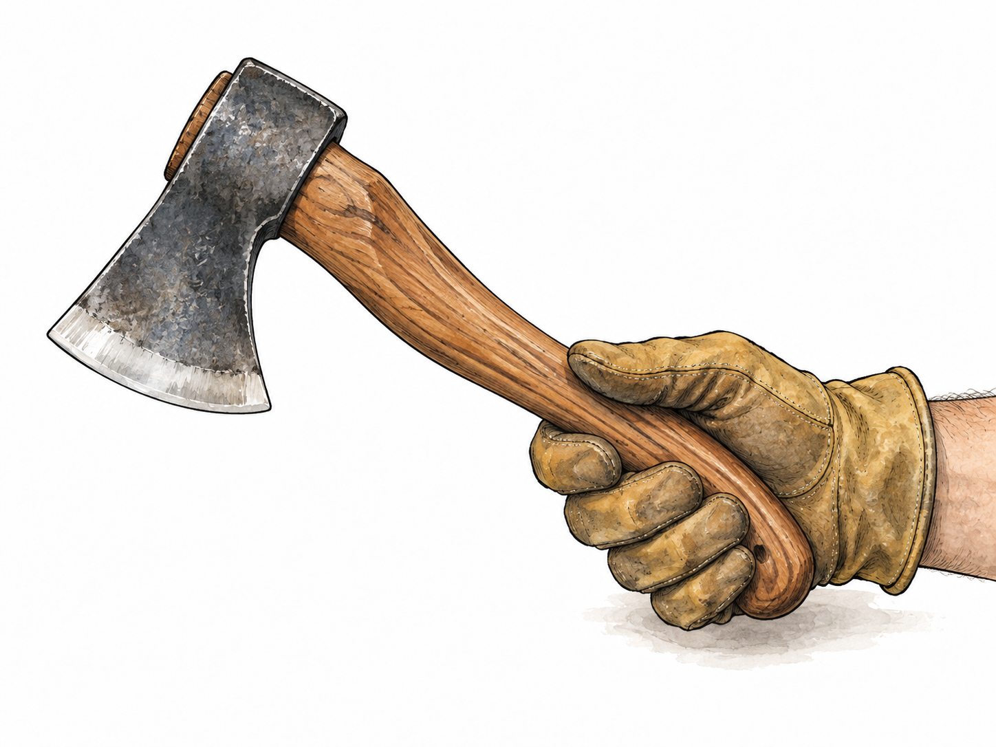 Compact axe held in one gloved hand.