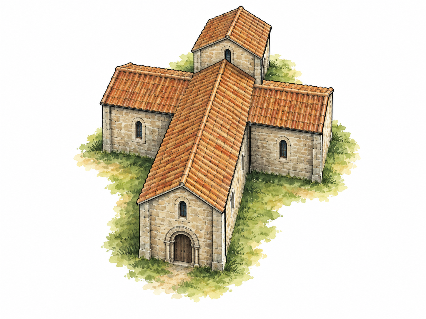 Small church with clearly cross-shaped footprint.