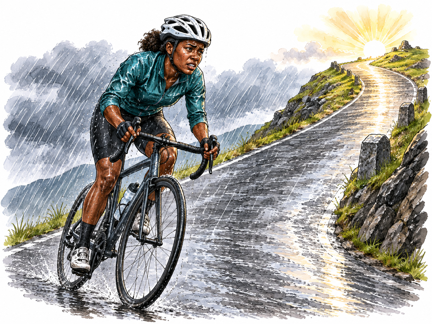 Persevere: Black adult woman cyclist pushing uphill through wind and rain, determined but realistically tired expression, steep road winding toward sunlit crest.