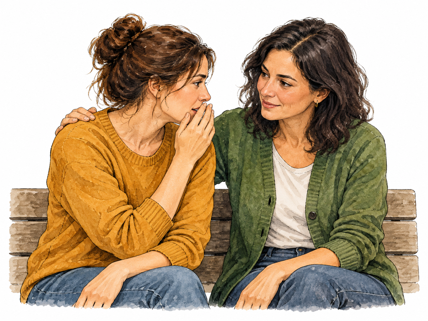 Trusted woman listens discreetly to a friend sharing privately.