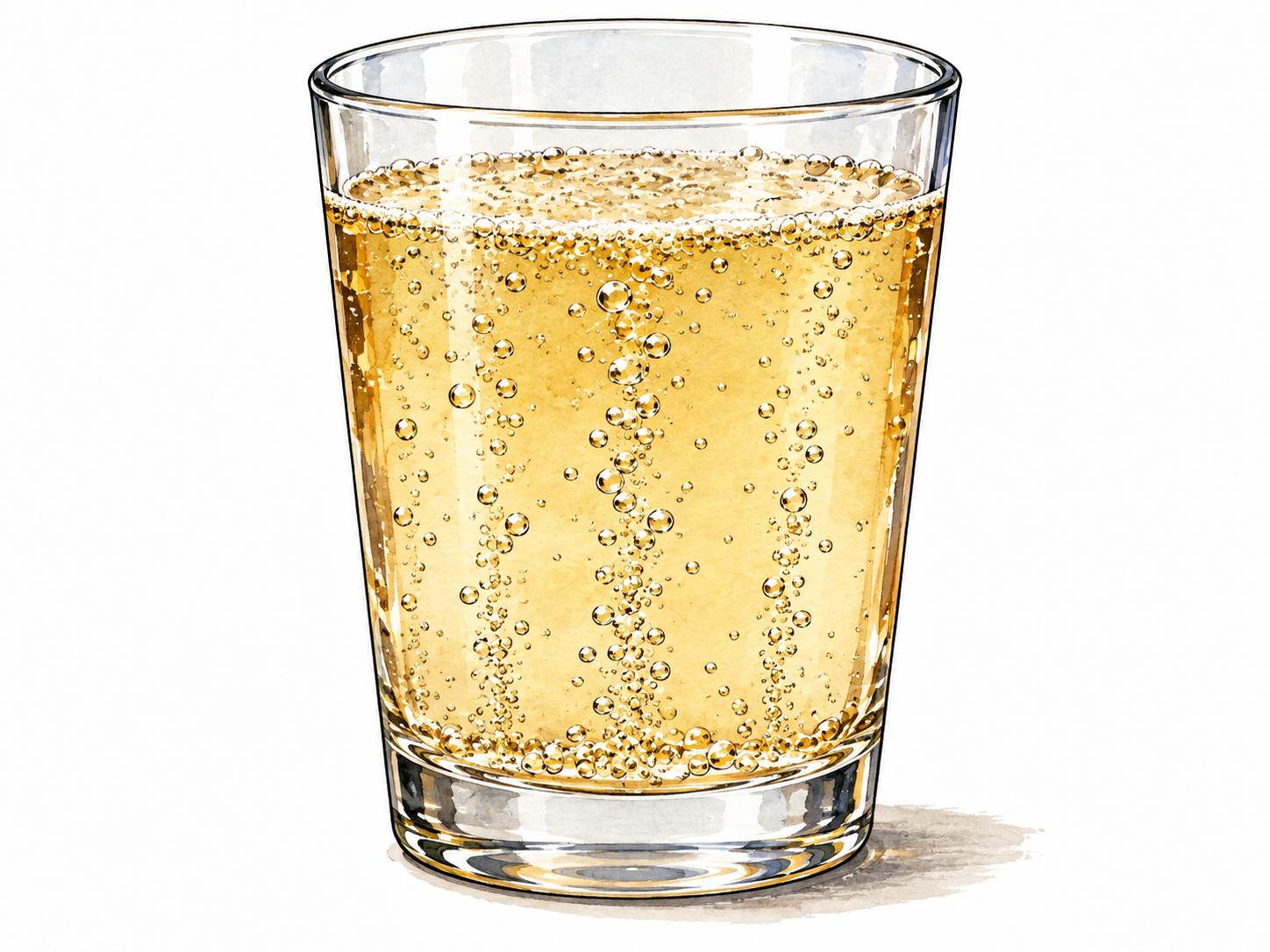Clear glass with streams of gas bubbles rising through sparkling liquid.