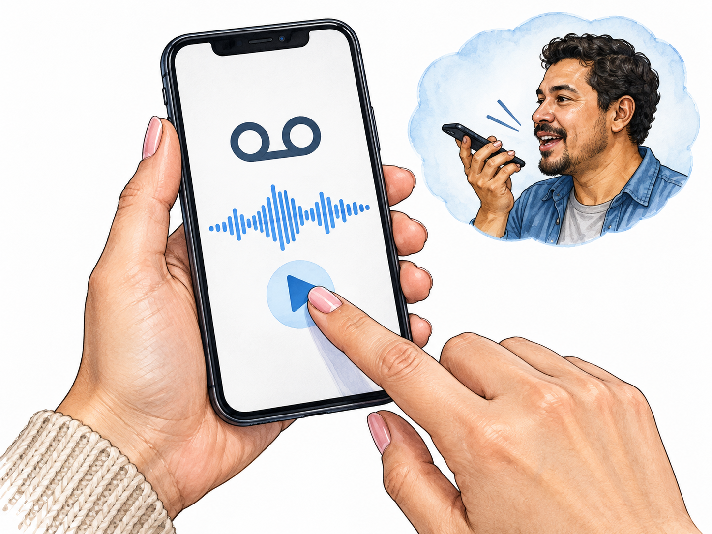 User plays recorded phone message from a speaker shown in memory vignette.