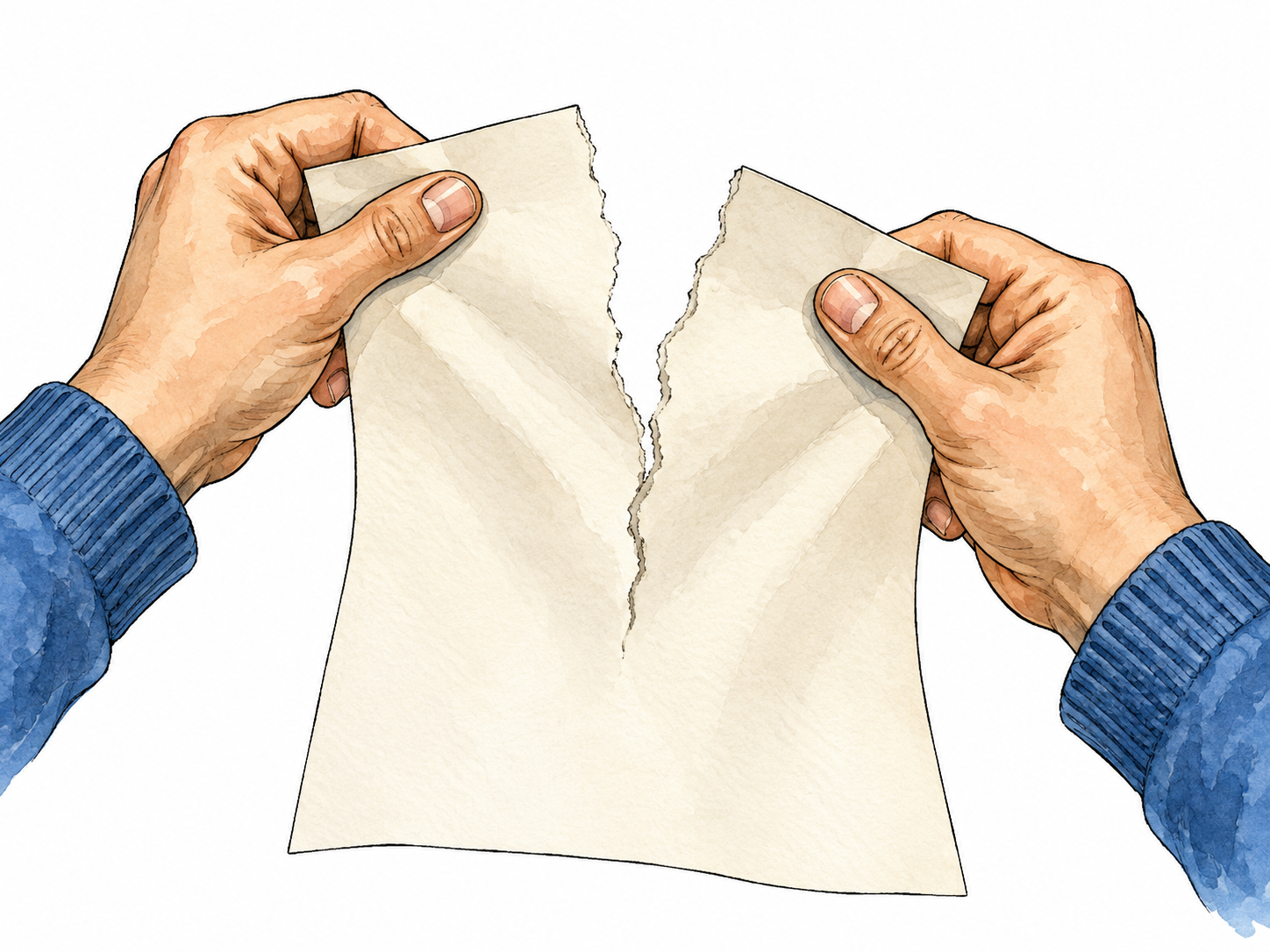 Hands rip blank paper down the middle.