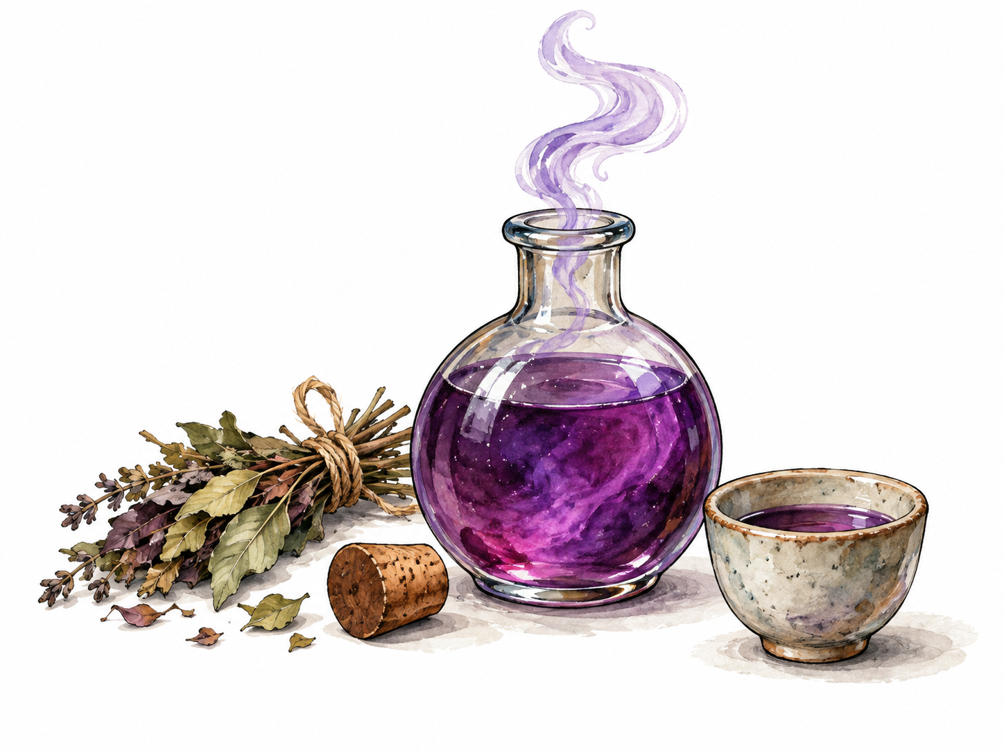 Purple magical drink in flask with cup and indistinct dried leaves.