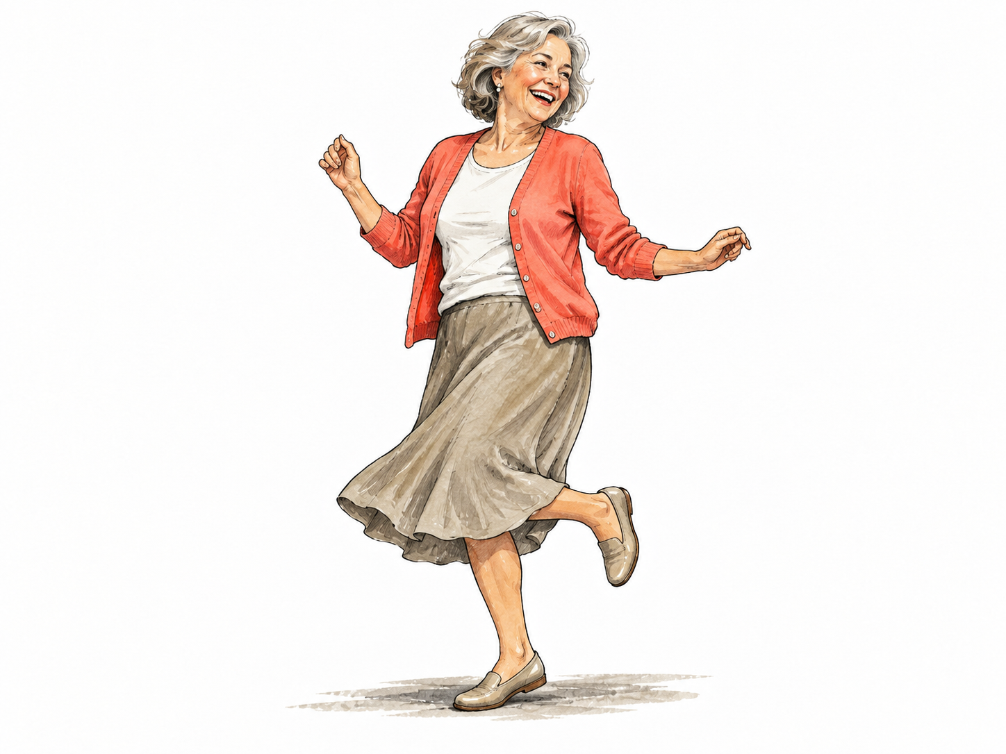Cheerful older woman takes a lively dance step.
