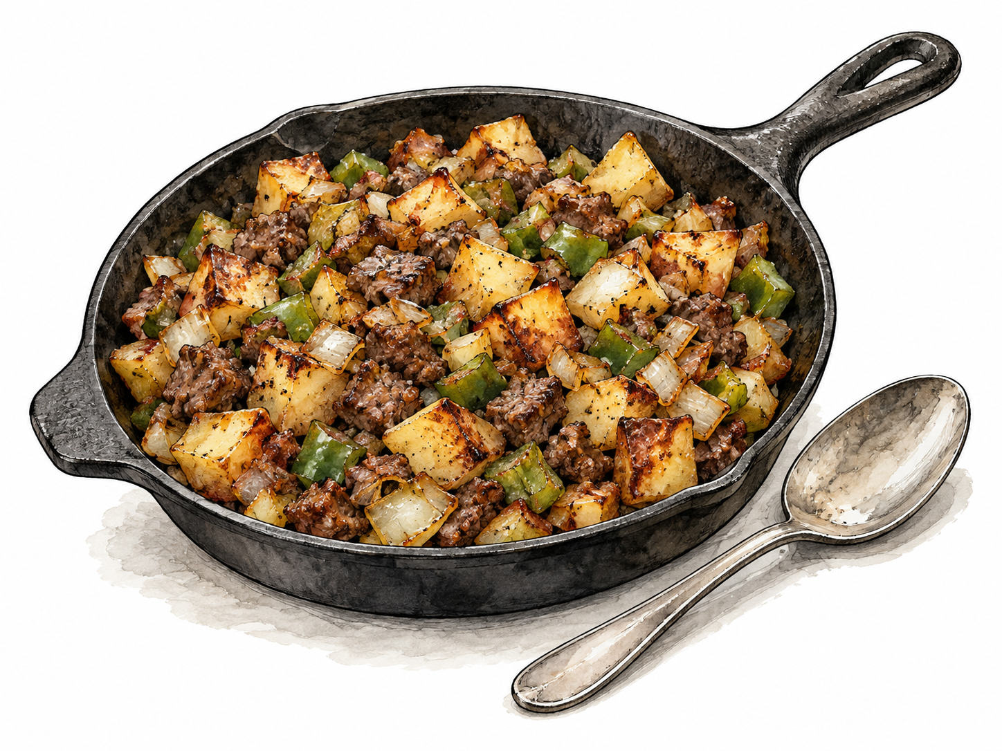 Skillet of chopped cooked meat, potatoes and vegetables.