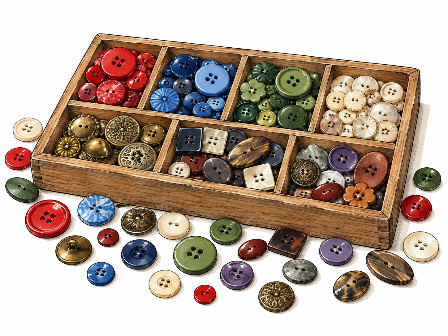 Many varied buttons in and around sorting tray.