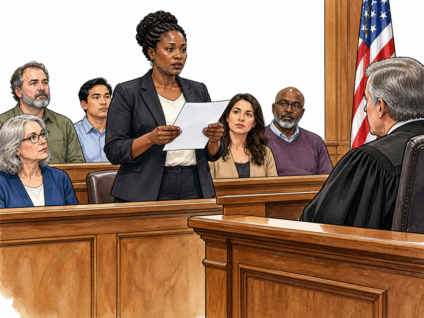 Verdict: a Black female jury foreperson standing in a courtroom reading a formal decision from a plain sheet toward an attentive judge, other jurors seated beside her.