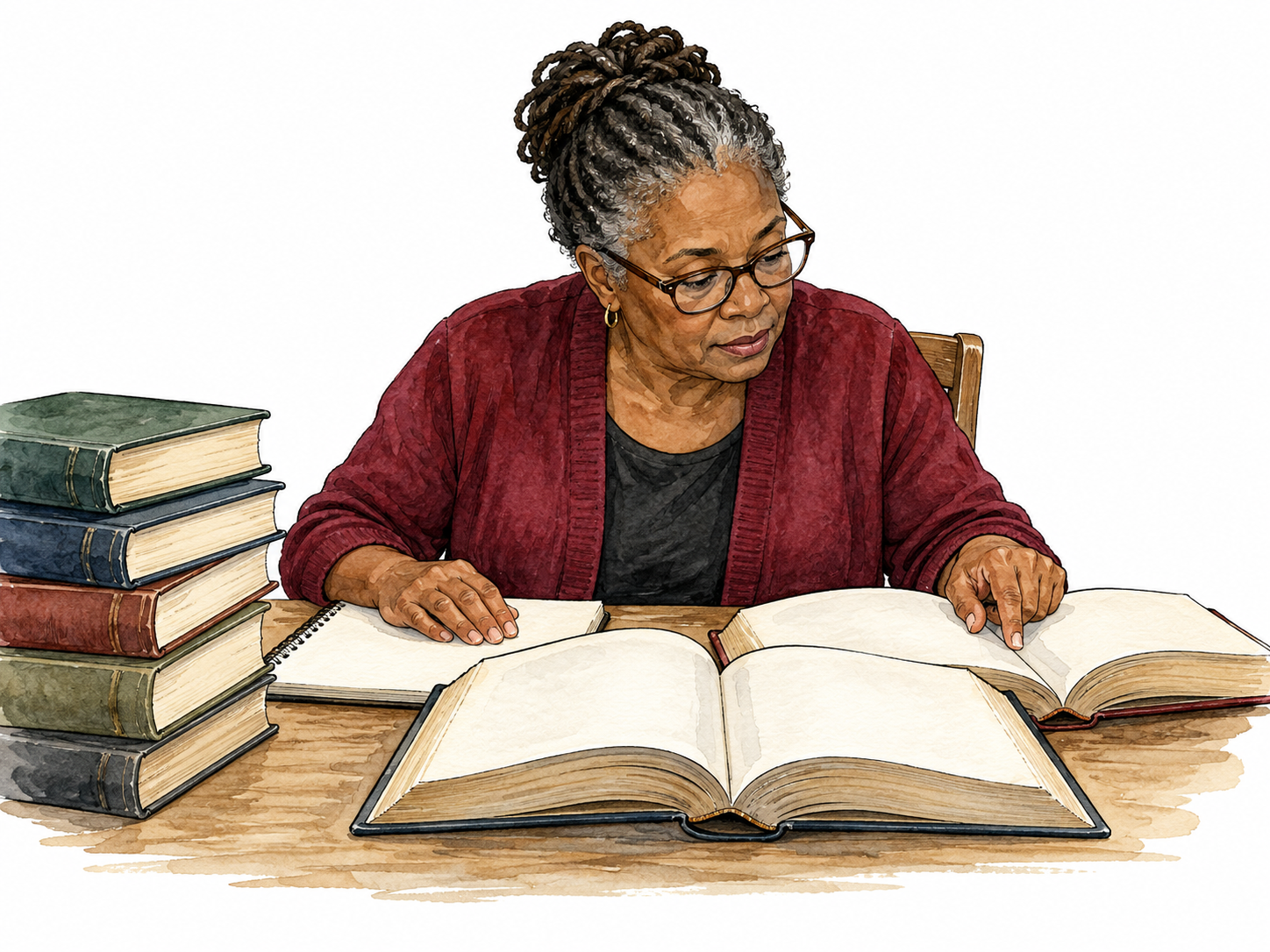 Scholar compares reference books in deep study.
