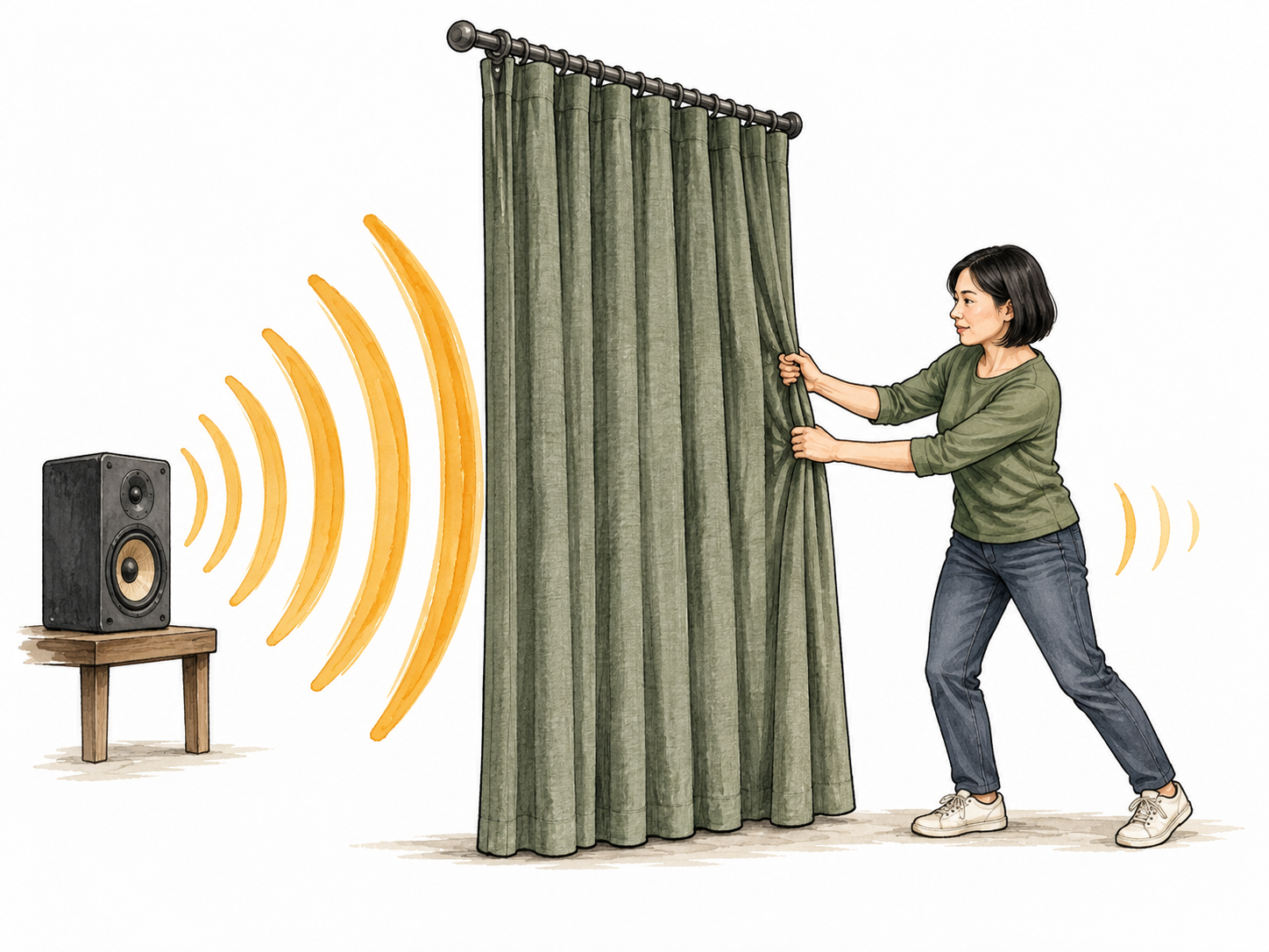 Drawing acoustic curtain weakens sound.