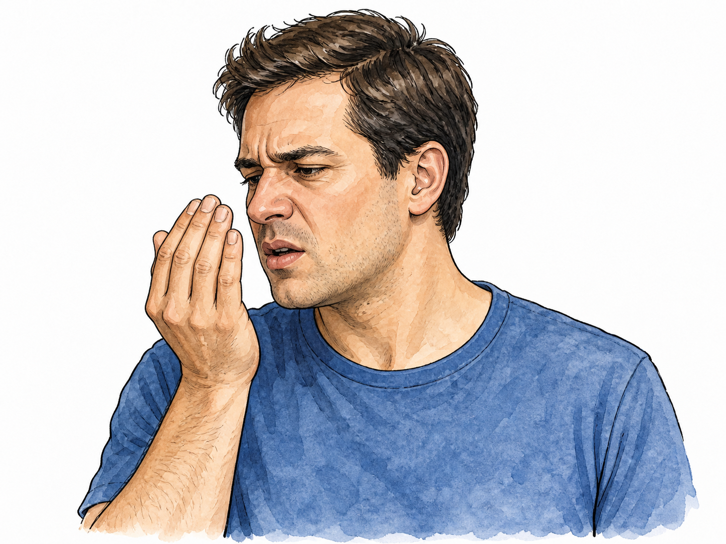 Man checks his own breath with cupped hand and mildly concerned expression.