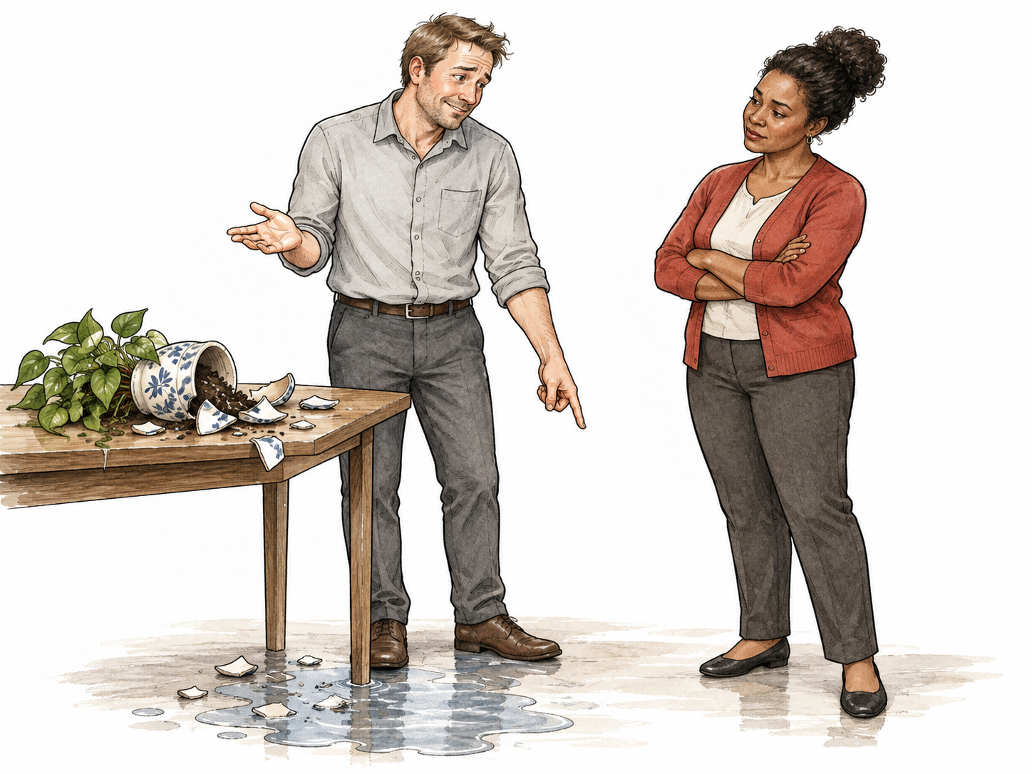 Man offers slippery-floor excuse for broken pot.