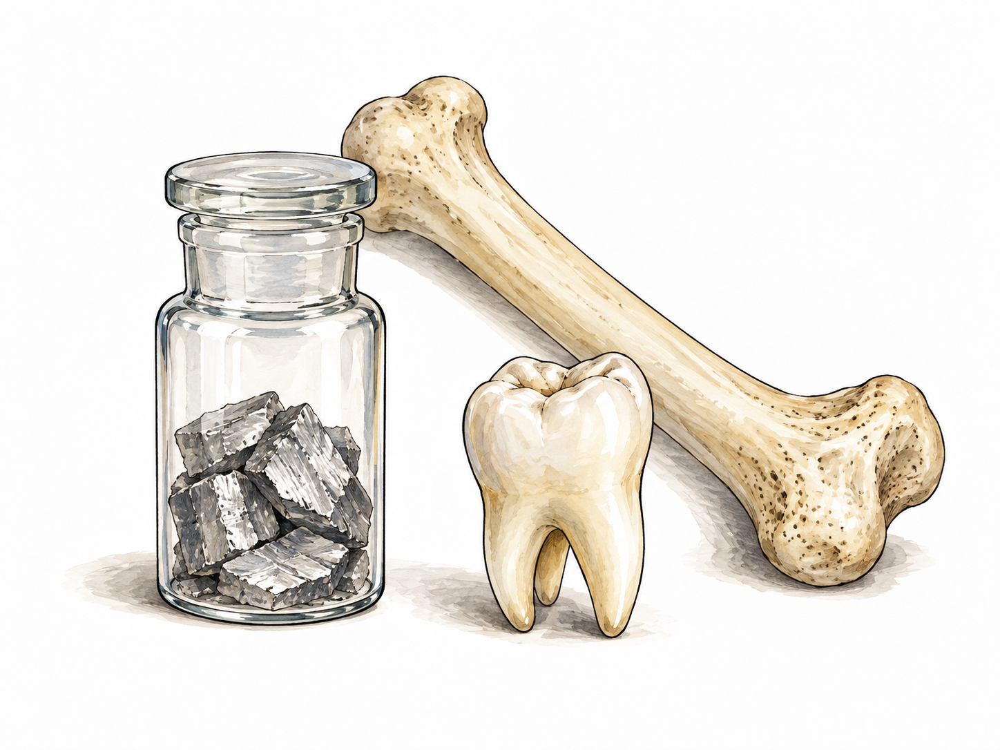 Metallic calcium specimen with separate bone/tooth models.