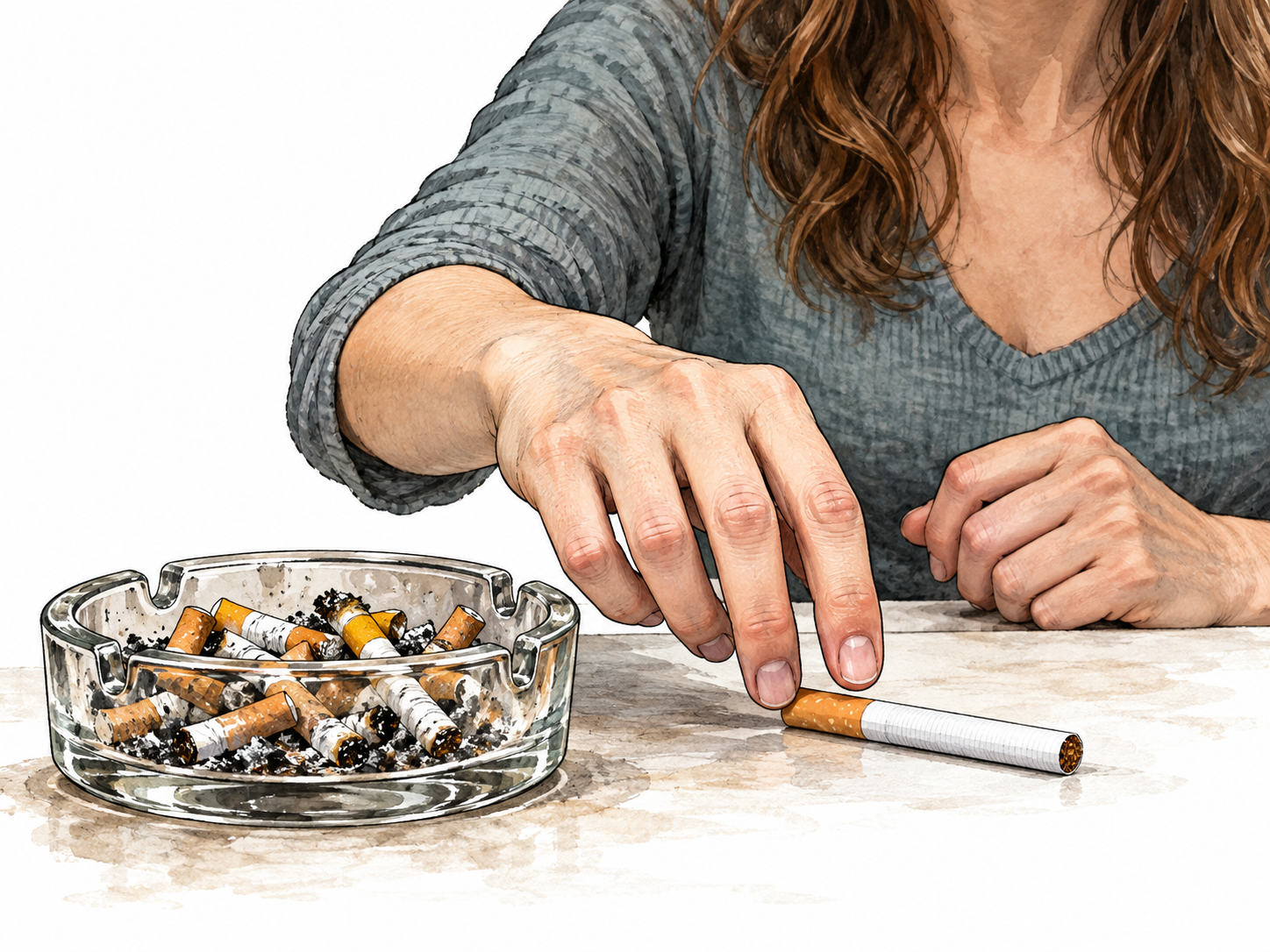 Hand reaches for another cigarette beside a full ashtray.