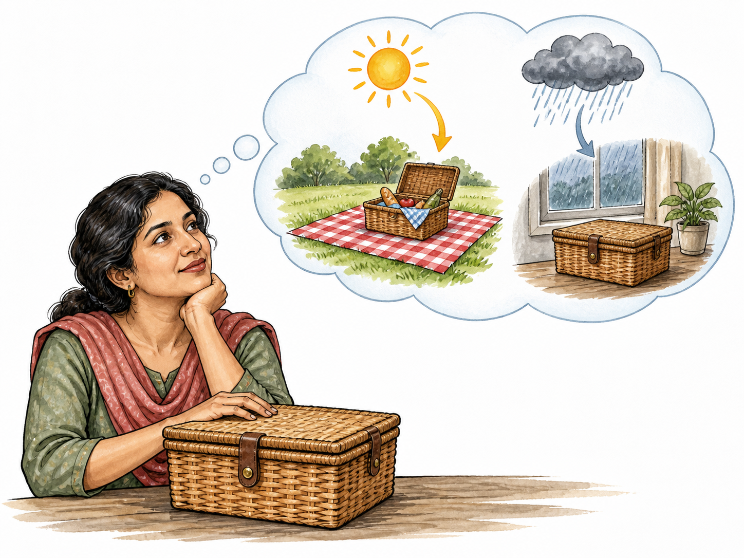 Picnic depends on sunny or rainy weather.