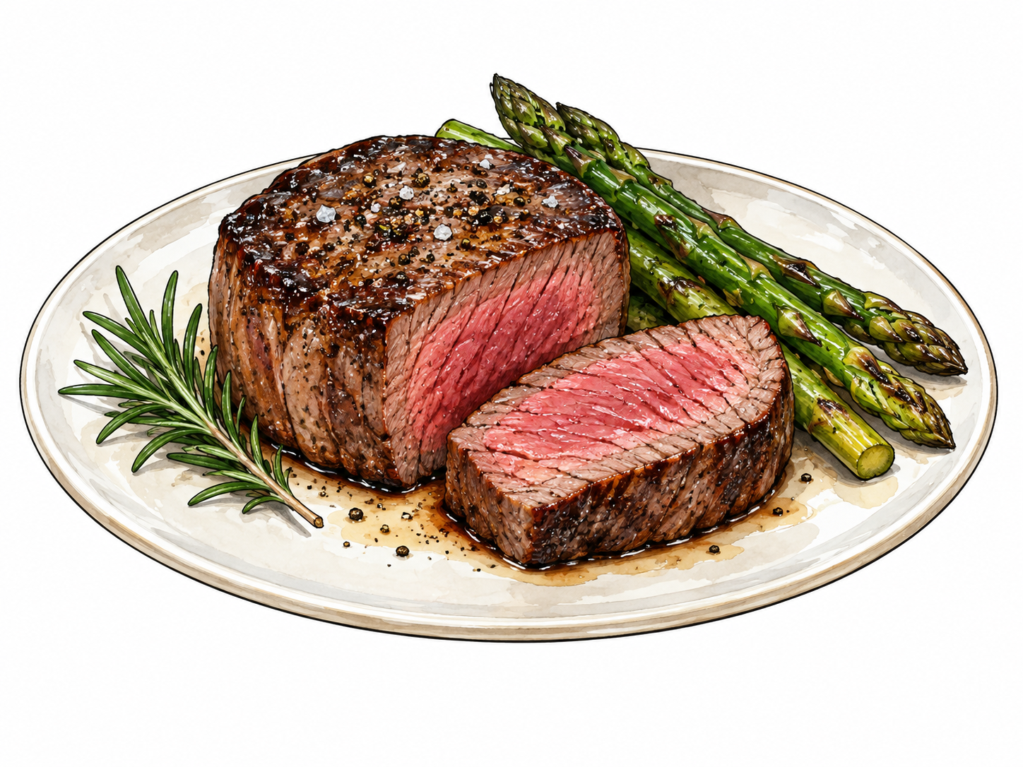 Filet: thick boneless beef filet on a simple plate, browned exterior and one slice showing cooked pink interior, a rosemary sprig and asparagus, no people.