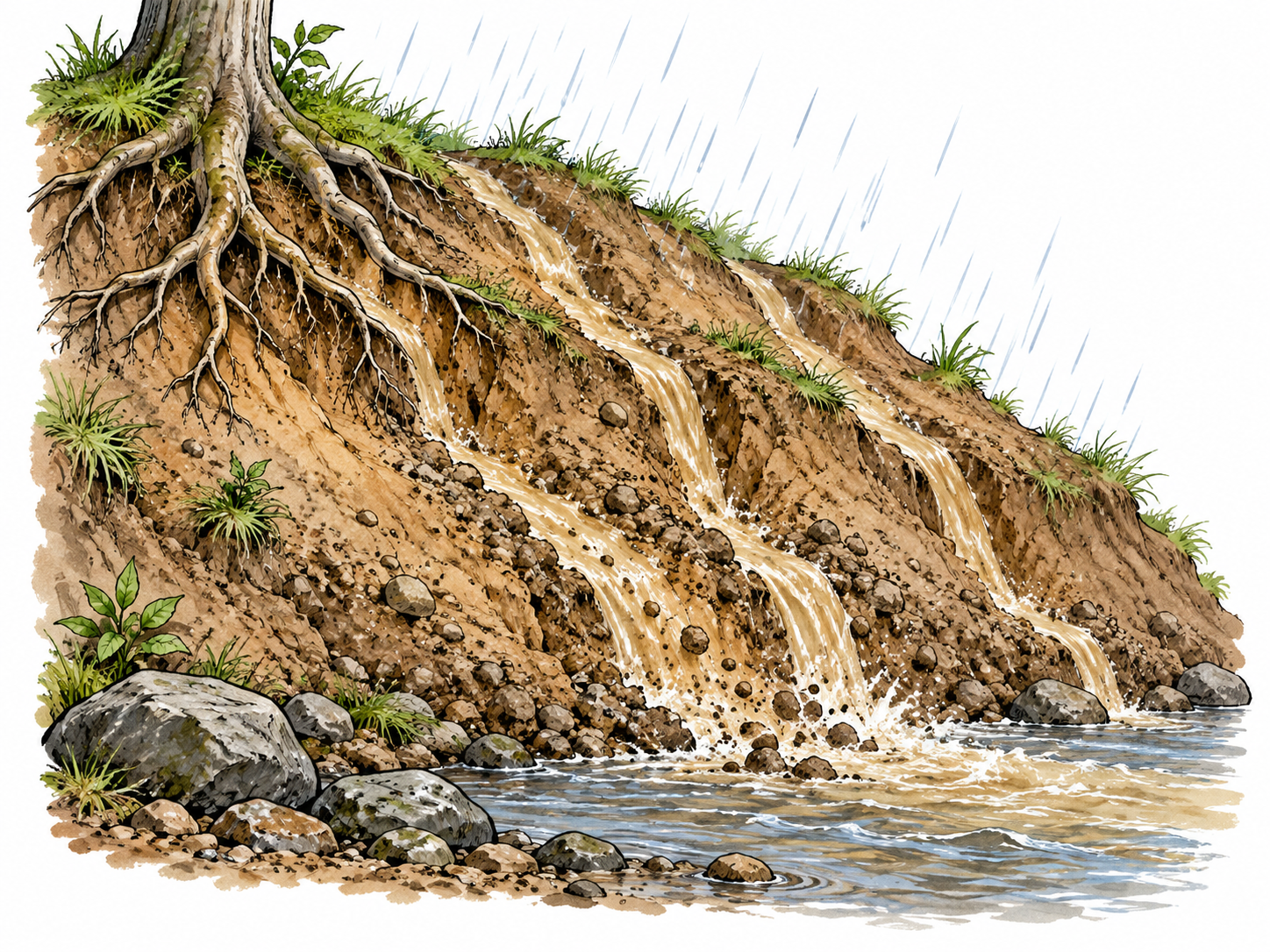 Erosion: rainwater channels cutting grooves through a sloping bare soil bank, sediment washing into stream at bottom, exposed tree roots show soil worn away.