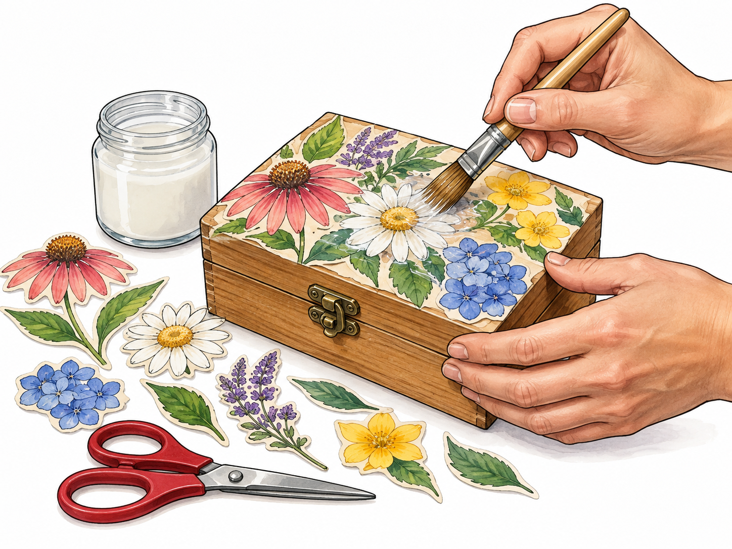 Decoupage: adult hands brush clear glue over cutout paper flowers on a small wooden box; loose colorful botanical paper cutouts and scissors nearby.