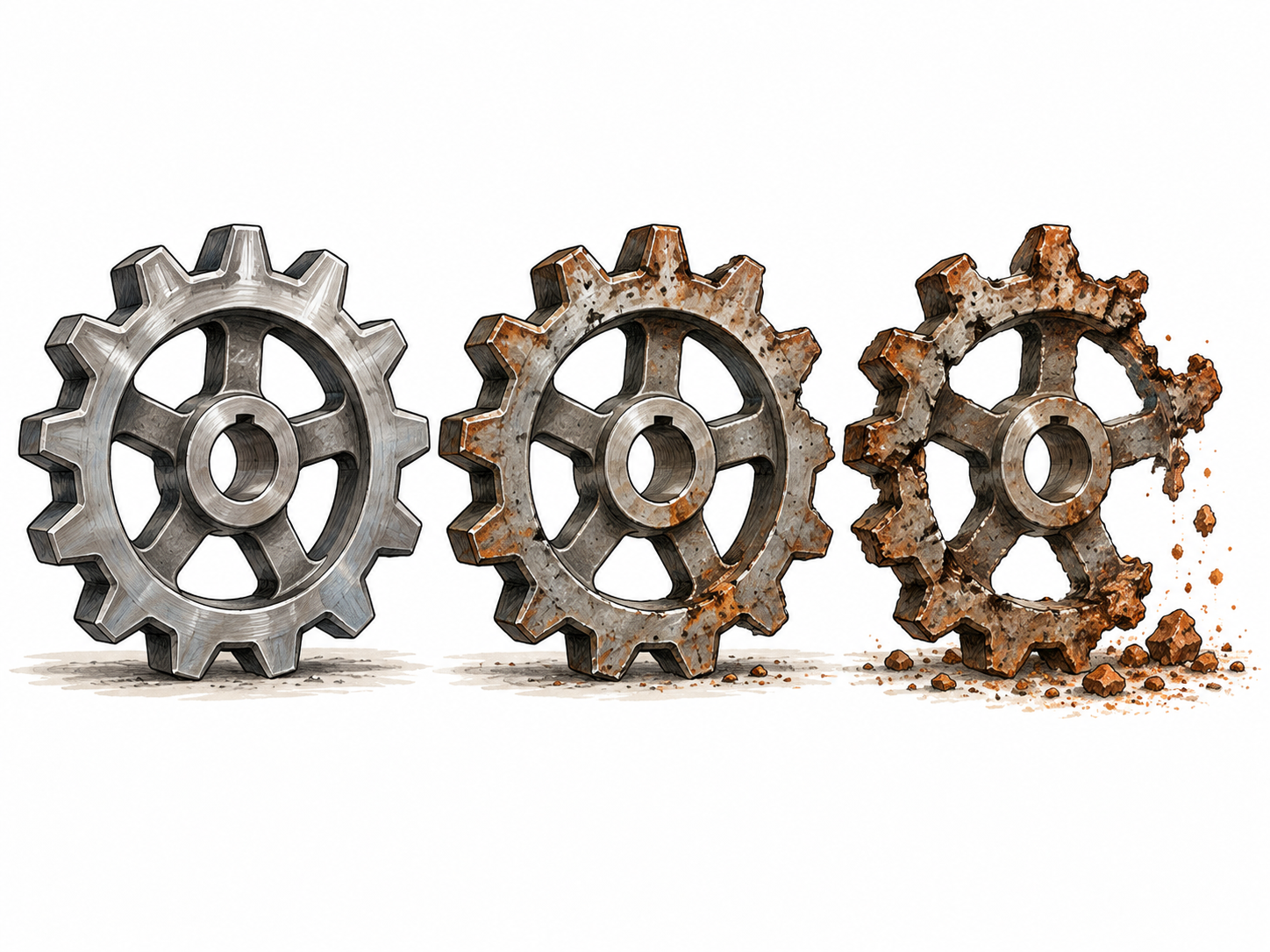 Gear deteriorates from intact steel through rust to crumbling teeth.