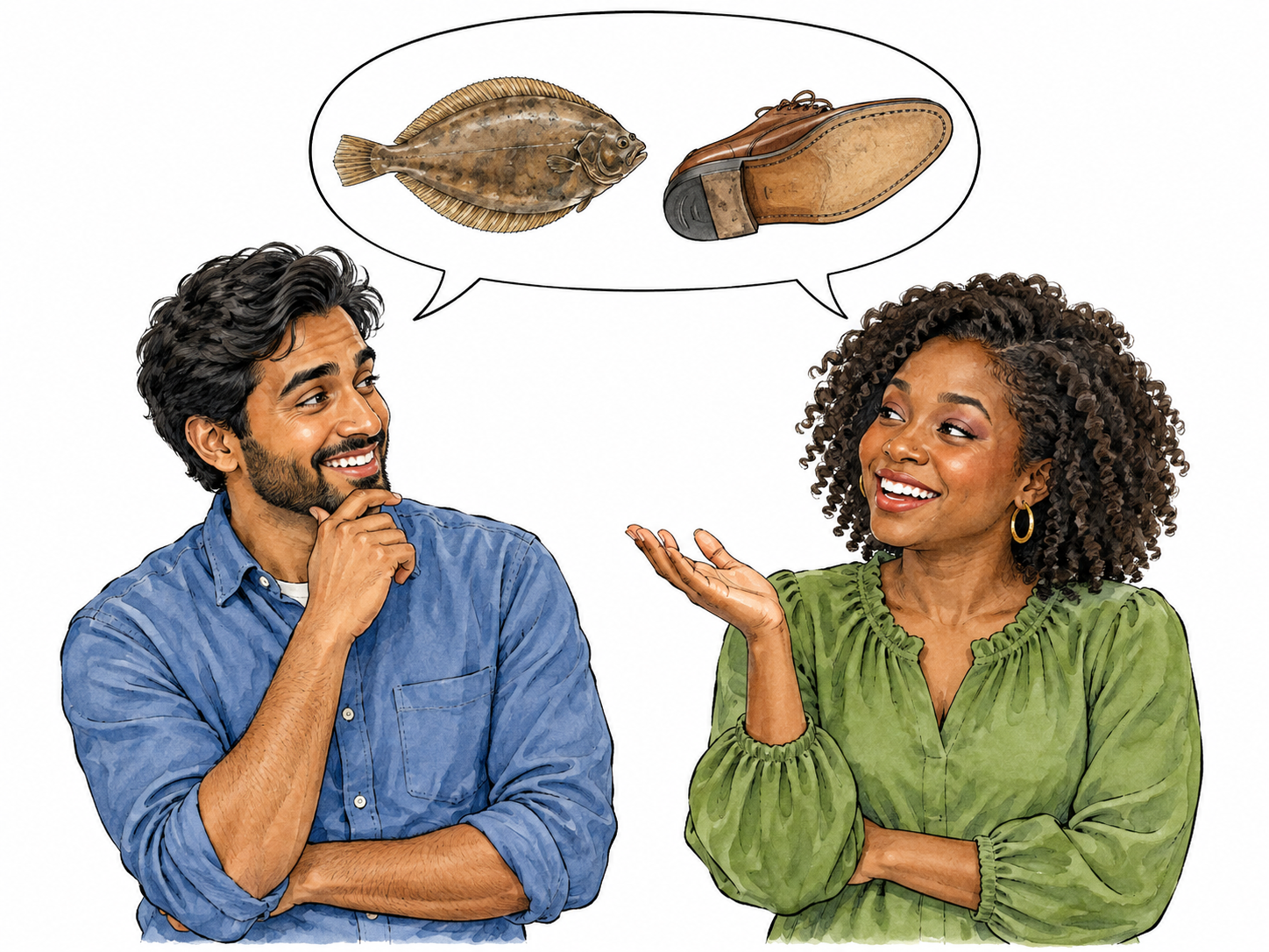 Conversation visualizes fish sole and shoe sole pun.