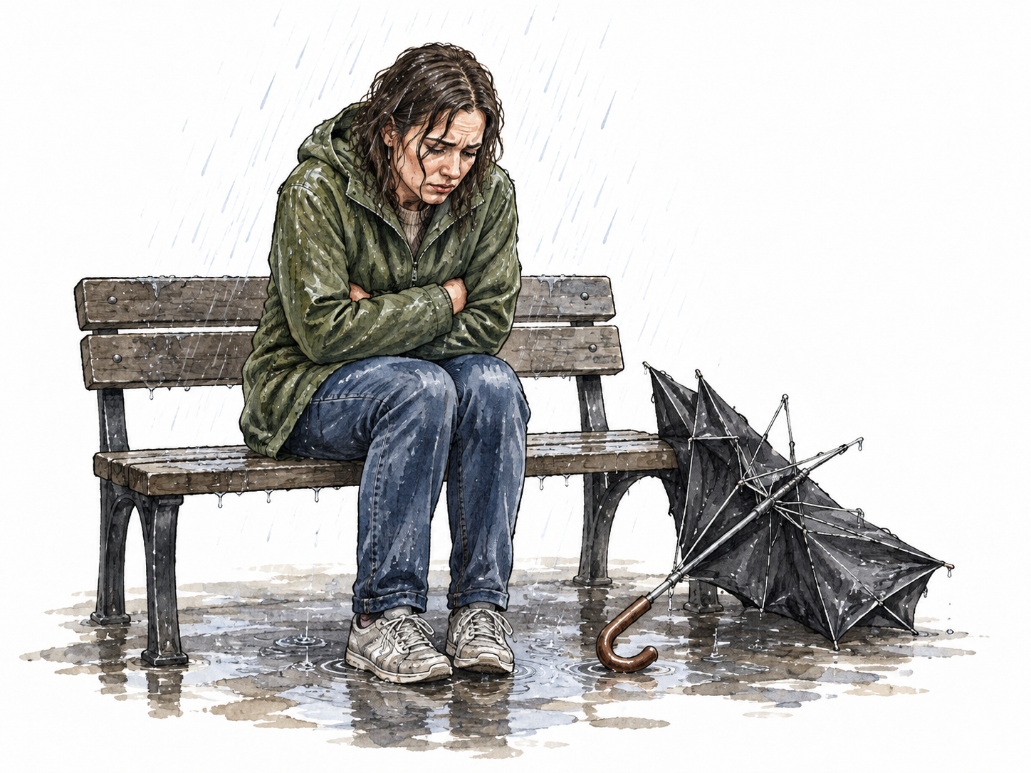 Soaked person huddles on bench beside broken umbrella.