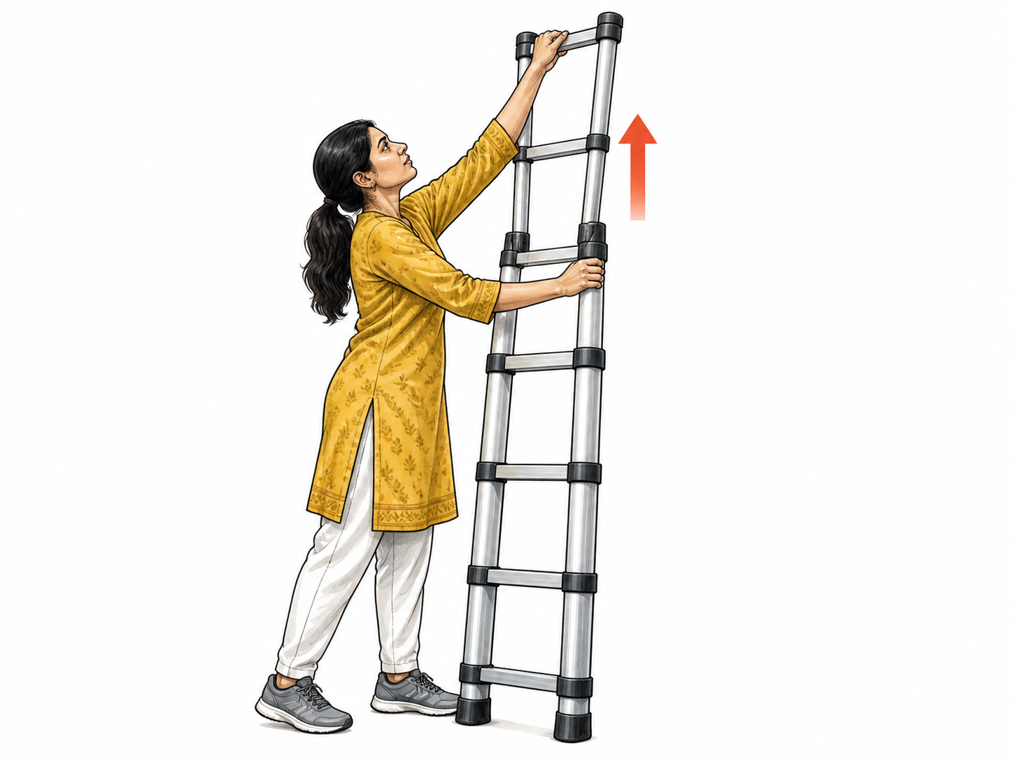 Extend: a South Asian woman safely standing on the ground pulls the upper section of a telescoping aluminum ladder upward, increasing its length.