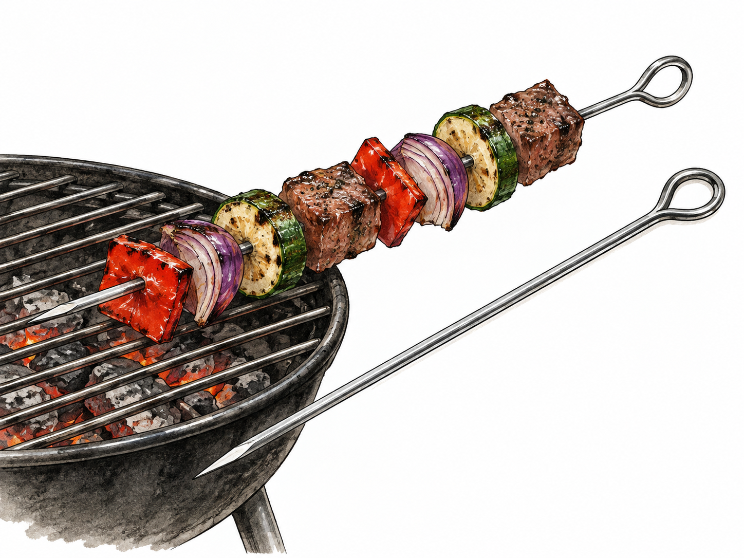 Bare cooking pin beside food-threaded skewer at grill.