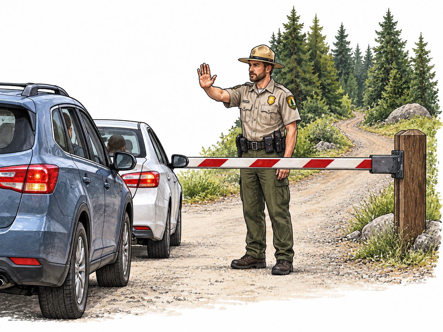 Interdict: uniformed park ranger officially stops vehicles entering a closed forest road, open palm halt gesture beside lowered barrier, drivers remain stationary.