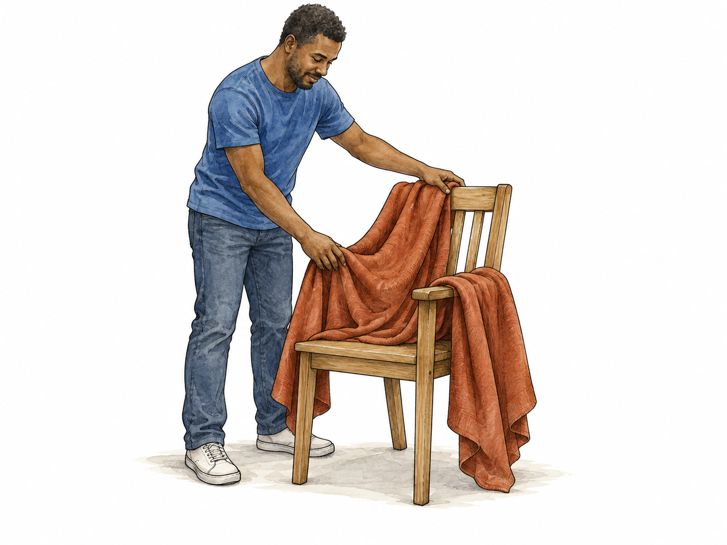 Man lays blanket loosely over chair.