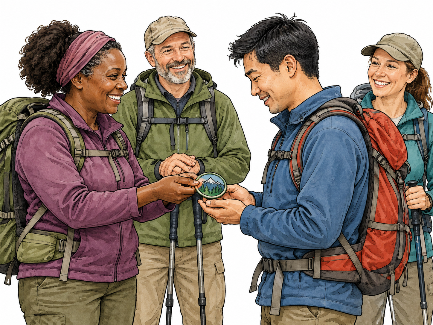 Initiation into a group: adult hiking club welcomes a new adult member, a Black woman hands a simple unlettered cloth club patch to an East Asian man with hiking backpack, two members smiling nearby.