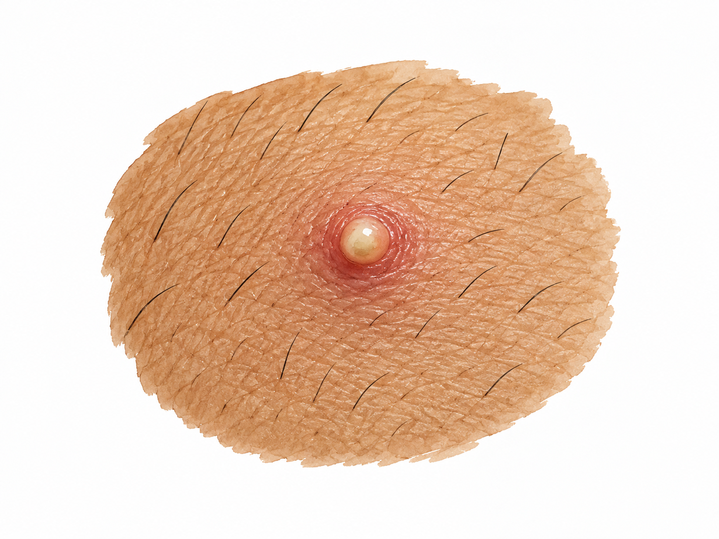 Pus: small restrained educational closeup of a minor skin pustule with a little opaque yellow-white fluid at center, on a small patch of otherwise normal light brown skin.