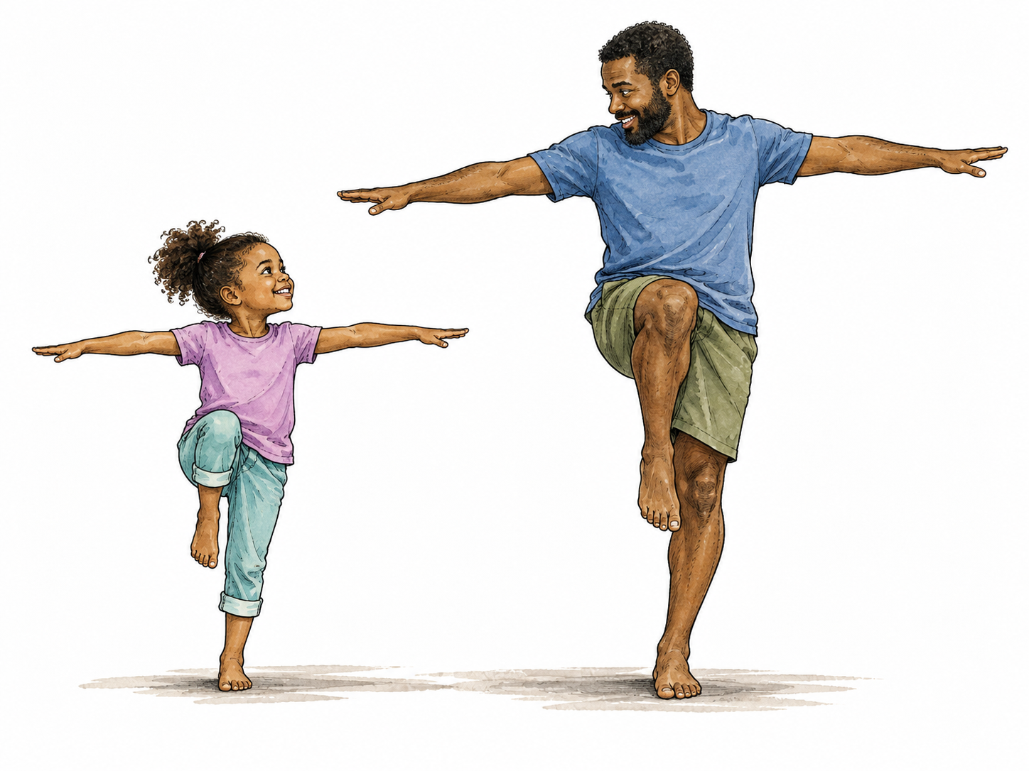 Child copying father pose.