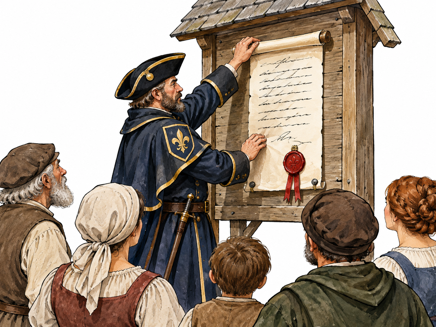Edict: official sealed proclamation freshly attached to a public notice board; authoritative uniformed town official unrolls it before attentive townspeople.