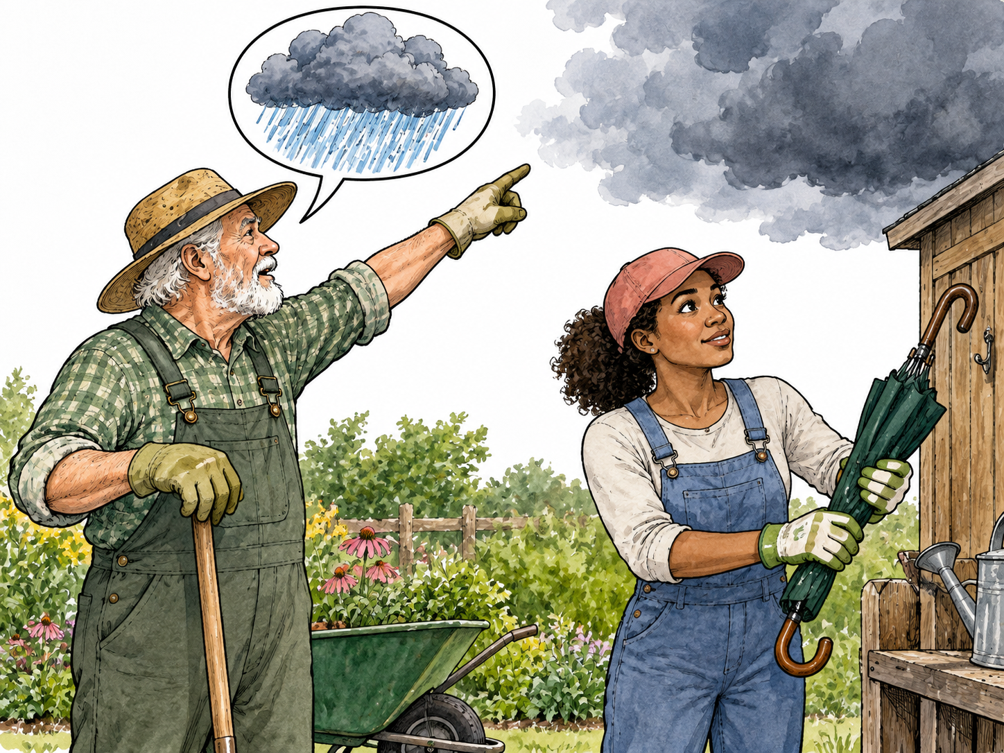 Predict: an elderly white gardener looks at gathering clouds and tells a younger Black gardener, pictorial speech bubble showing heavy rain; younger gardener takes an umbrella.