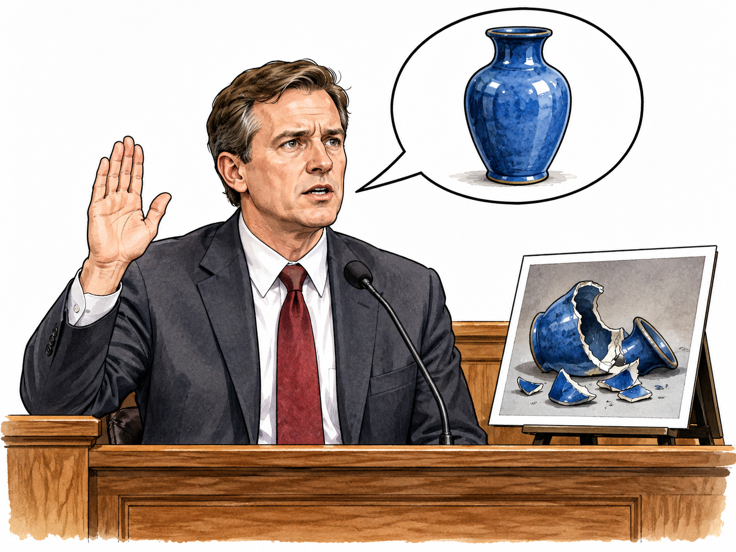 Perjury, lying under oath: a courtroom witness raises hand solemnly while claiming in a pictorial speech bubble that a blue vase is intact; an evidence photograph on stand visibly shows same blue vase broken.