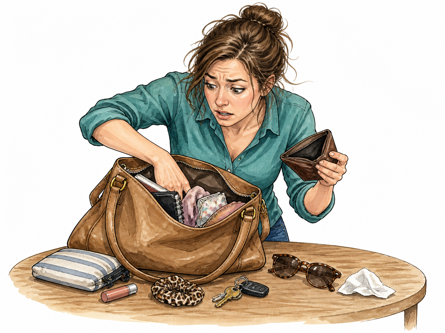 Woman anxiously rummages through a bag and empty wallet.