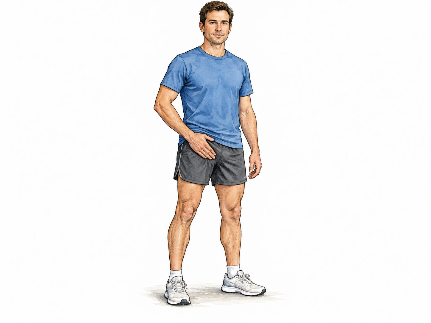 Clothed athlete indicates crease between abdomen and upper thigh.