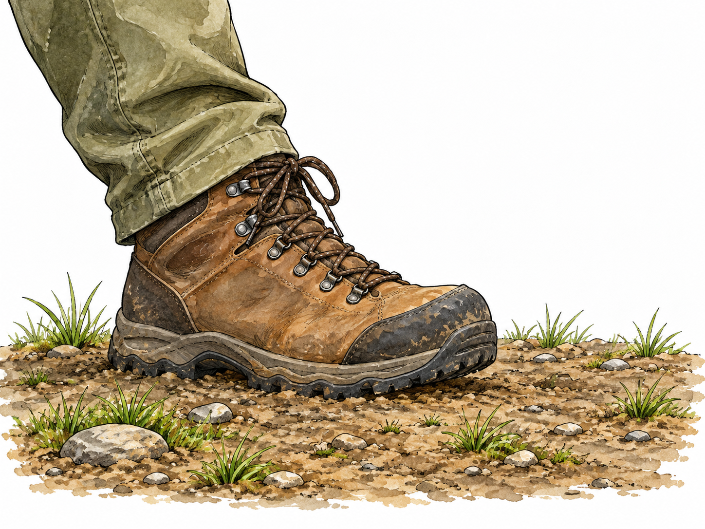 A hiking boot planted firmly on earth with pebbles and grass.