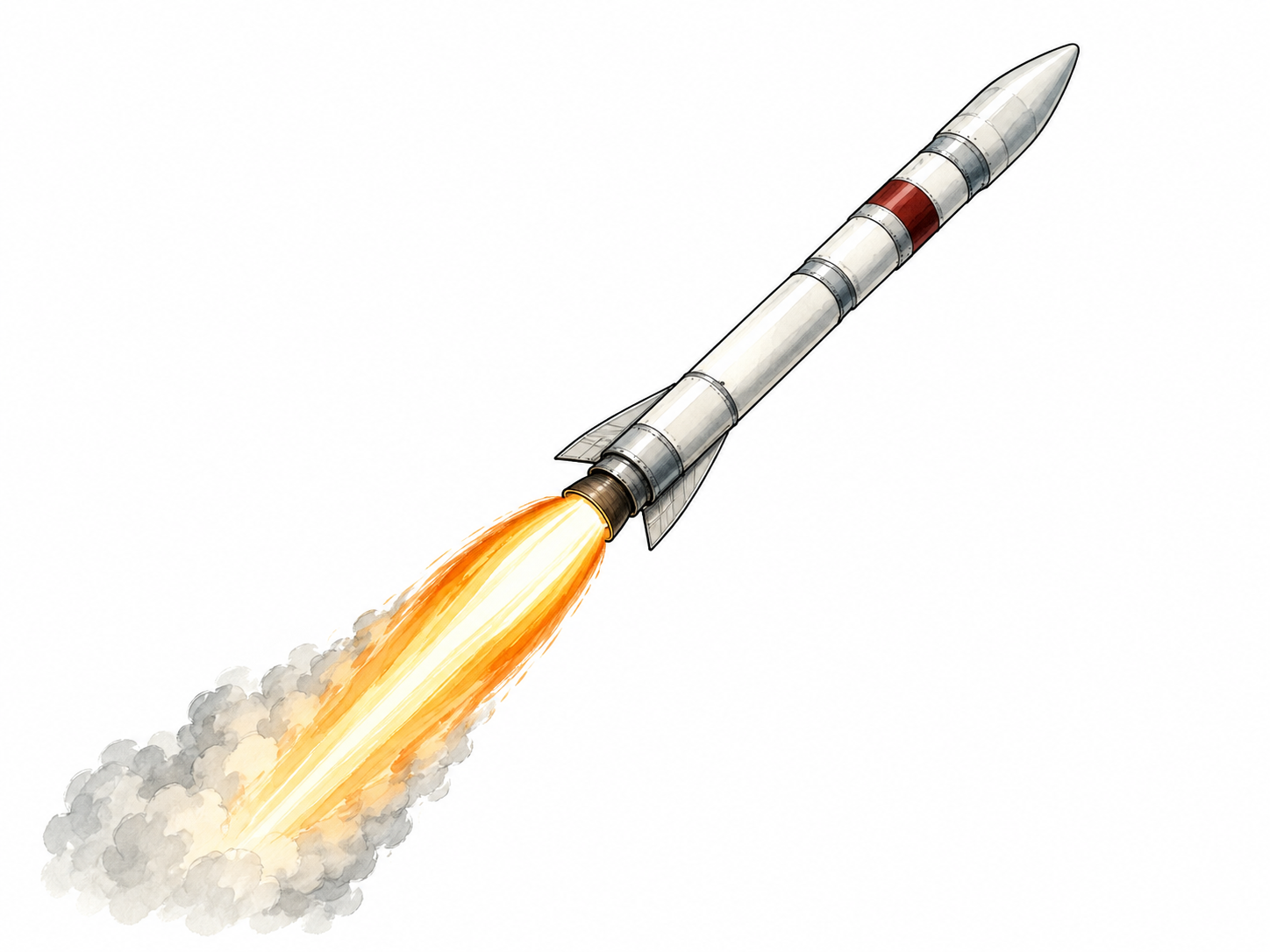Rocket ascending with exhaust gas visibly issuing from engine.