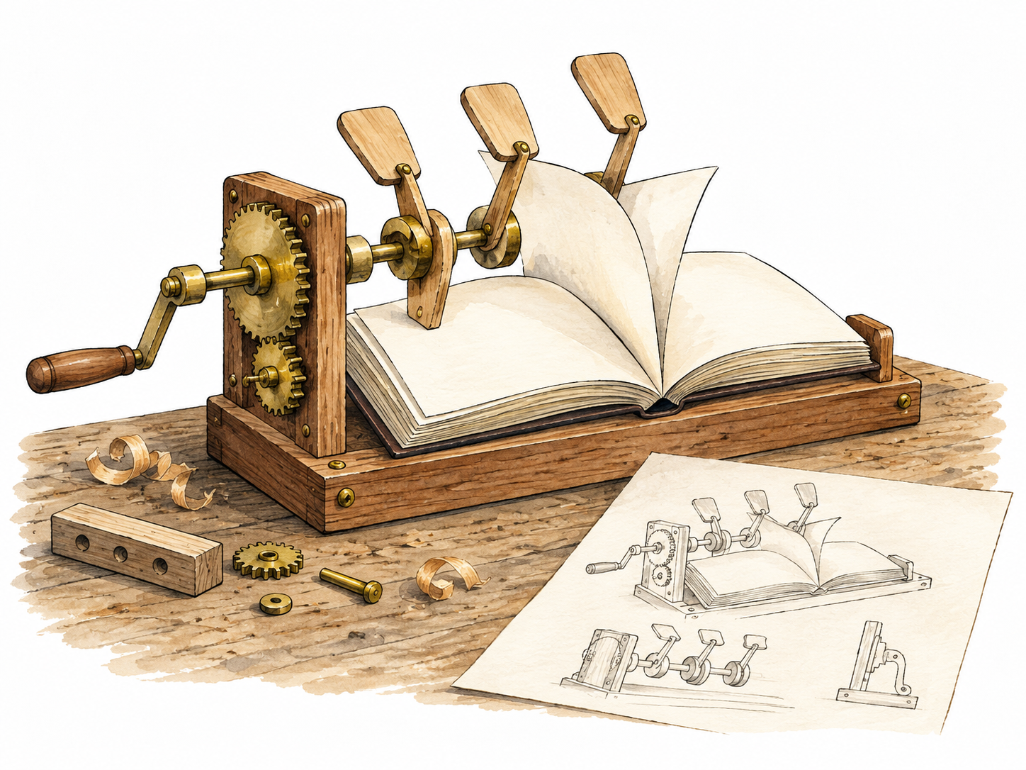 Handmade page-turning prototype with design drawings.